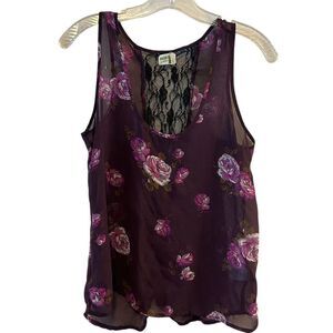 Selena Gomez Dream Out Loud Women's L Purple Floral Sheer Sleeveless Lace Blouse